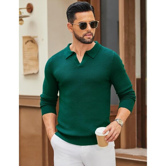 Men's Knit Polo Long Sleeve V-Neck Pullover Sweaters Collared Knitted Dark Green - Picture 2 of 6